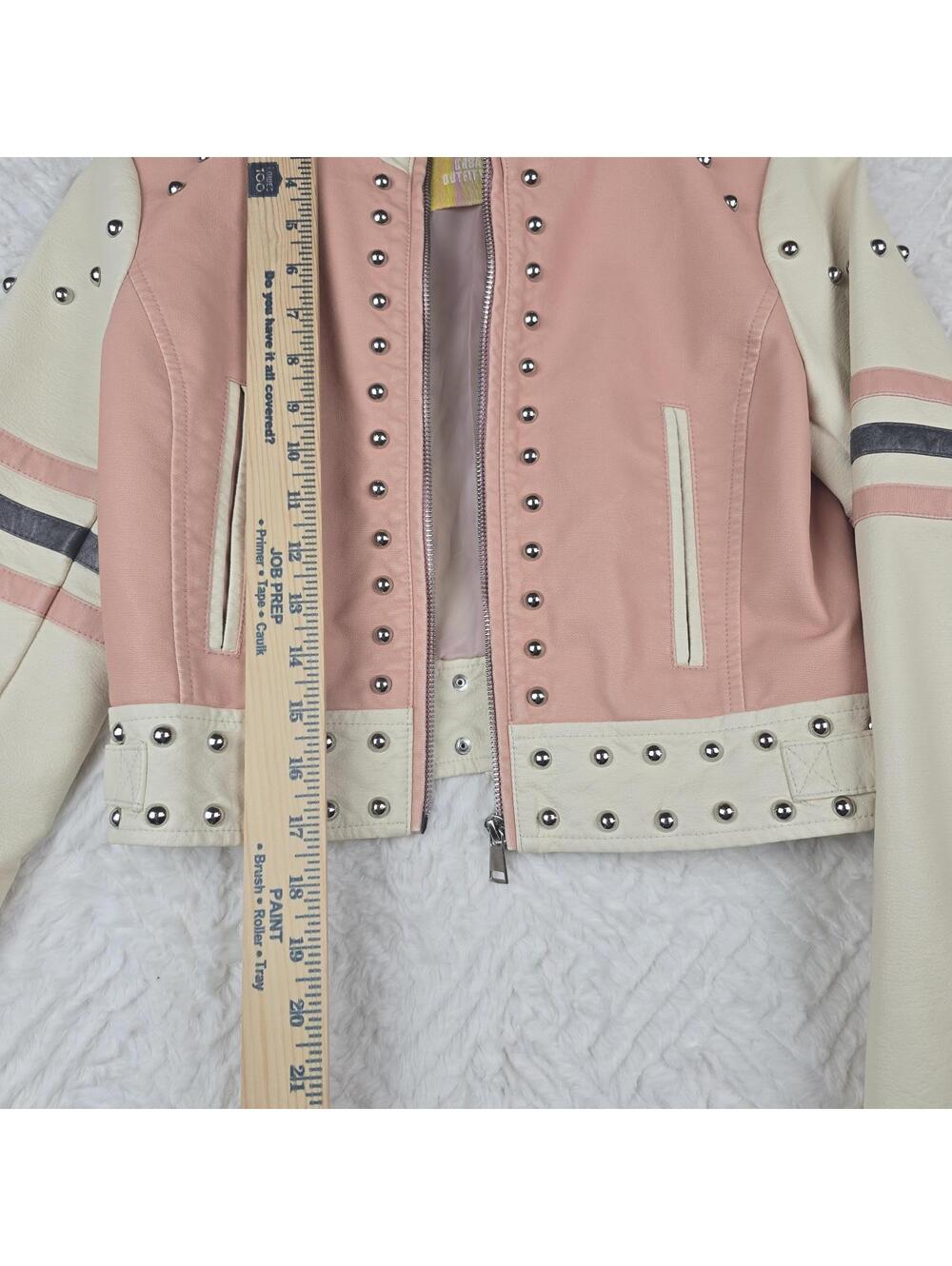 Urban Outfitters Pink Cream Studded Cropped Moto Jacket Women's XS - Picture 5 of 9
